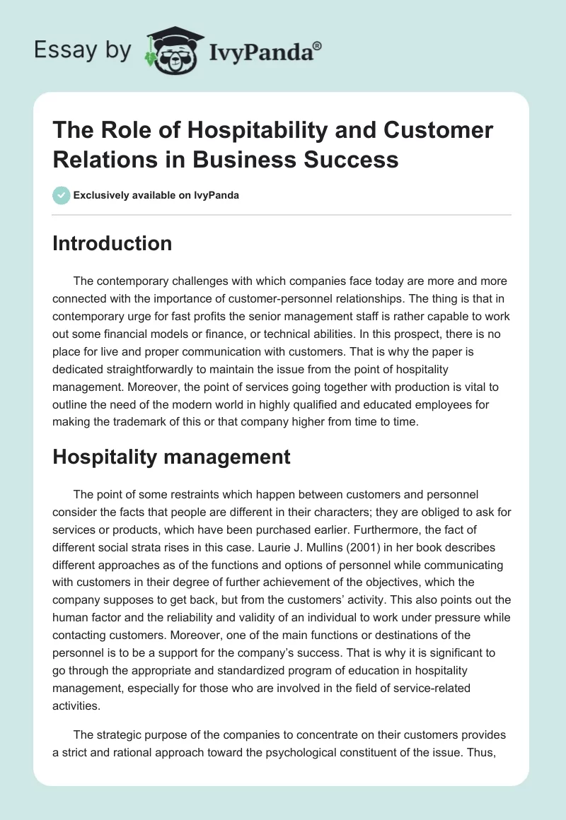 The Role of Hospitability and Customer Relations in Business Success. Page 1