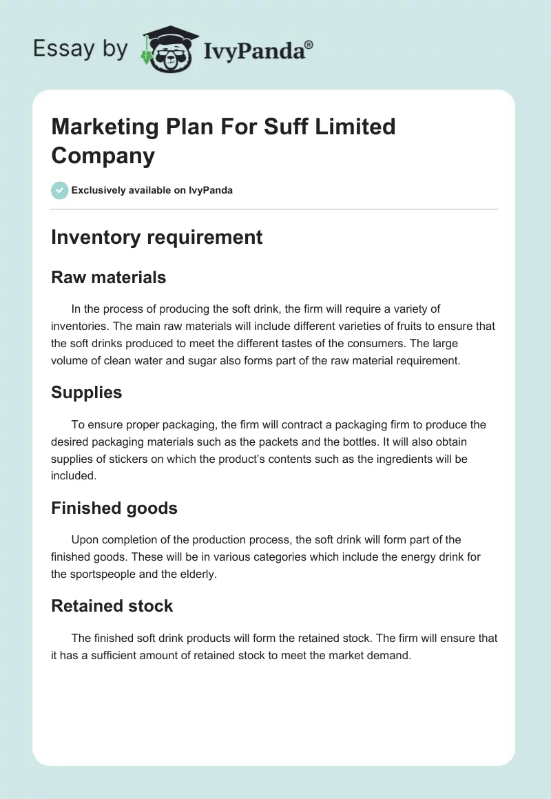 Marketing Plan For Suff Limited Company. Page 1