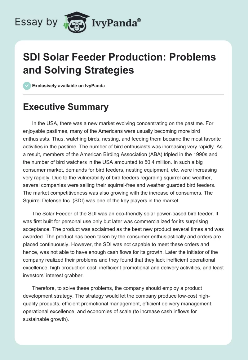SDI Solar Feeder Production: Problems and Solving Strategies. Page 1