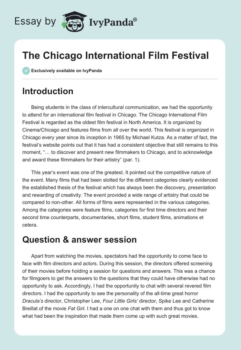 The Chicago International Film Festival. Page 1