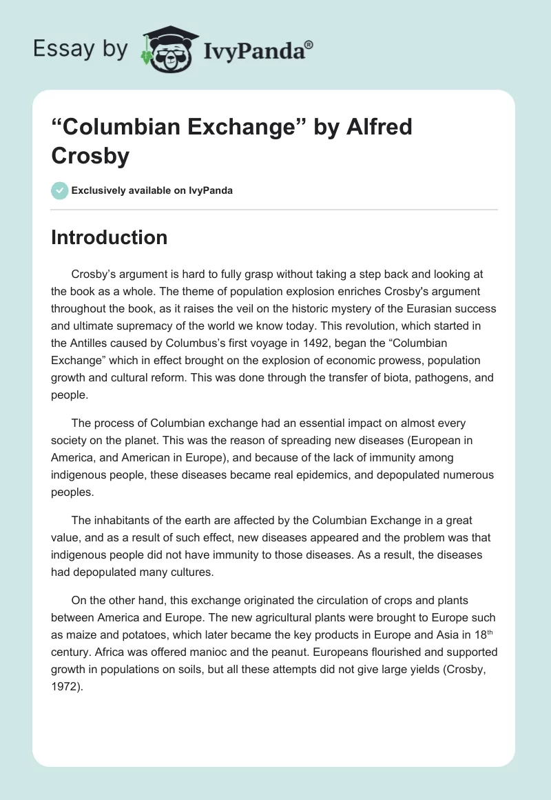 “Columbian Exchange” by Alfred Crosby. Page 1