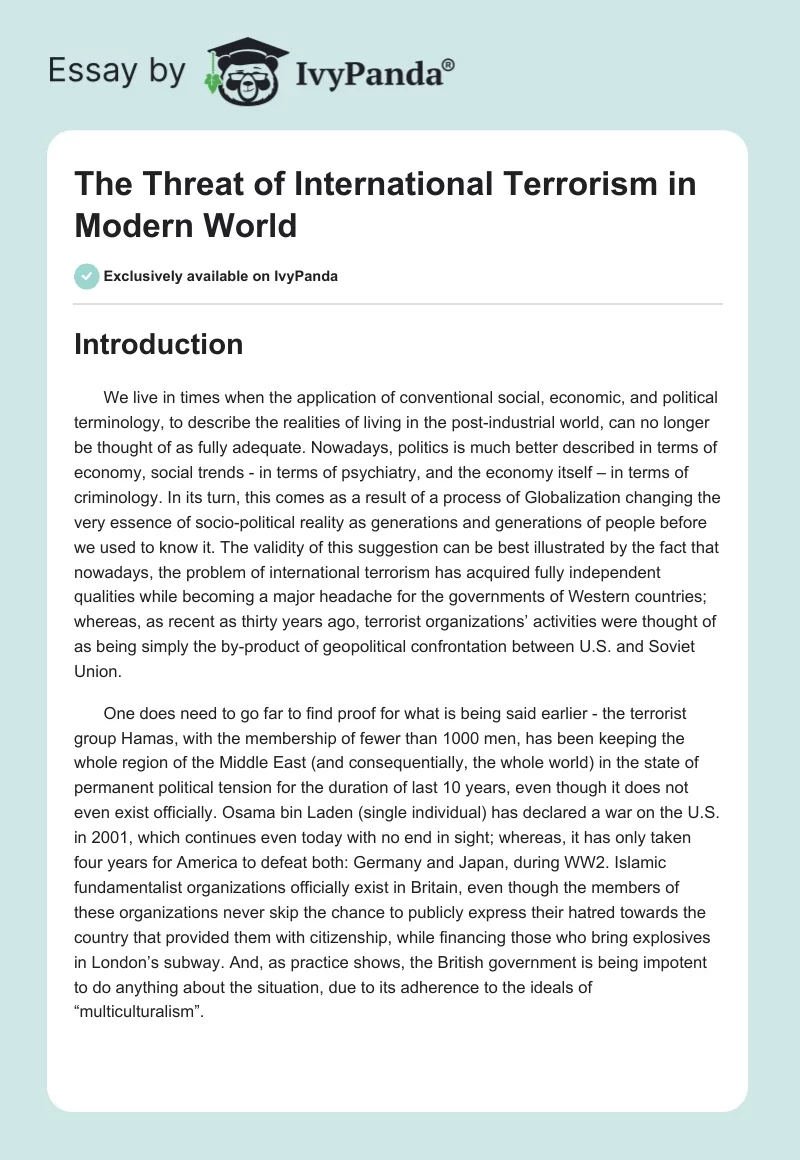 The Threat of International Terrorism in Modern World. Page 1