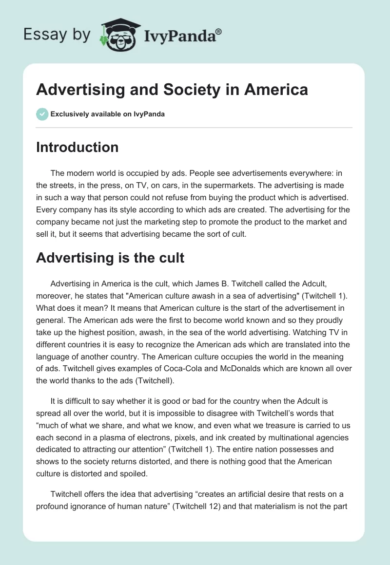 Advertising and Society in America. Page 1