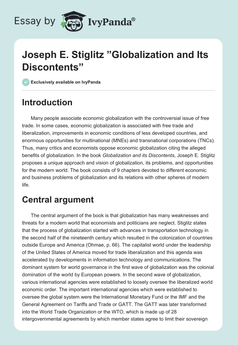 Joseph E. Stiglitz ”Globalization and Its Discontents”. Page 1