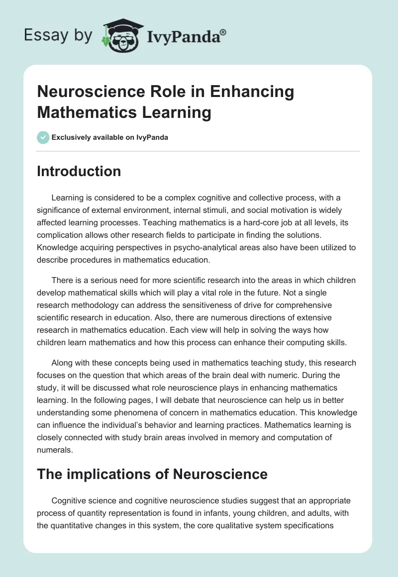 Neuroscience Role in Enhancing Mathematics Learning. Page 1