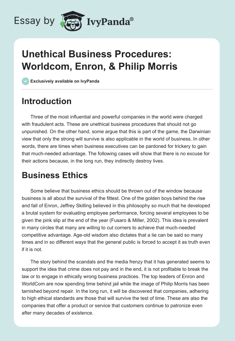 Unethical Business Procedures: Worldcom, Enron, & Philip Morris. Page 1
