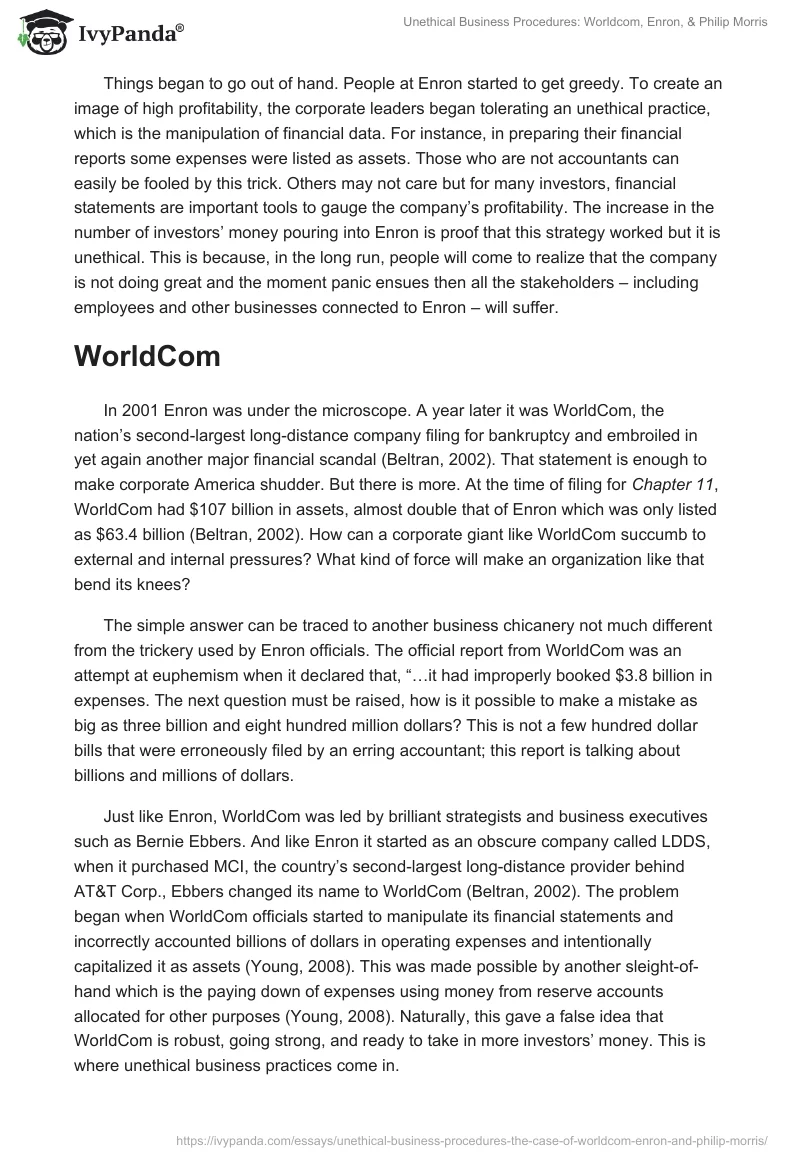 Unethical Business Procedures: Worldcom, Enron, & Philip Morris. Page 3