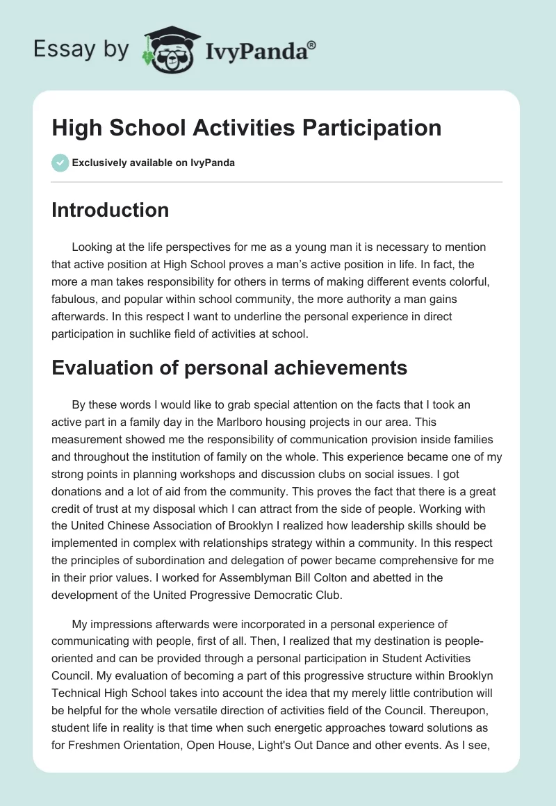 High School Activities Participation. Page 1