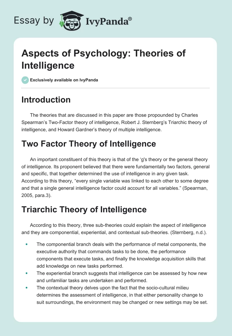 Aspects of Psychology: Theories of Intelligence. Page 1