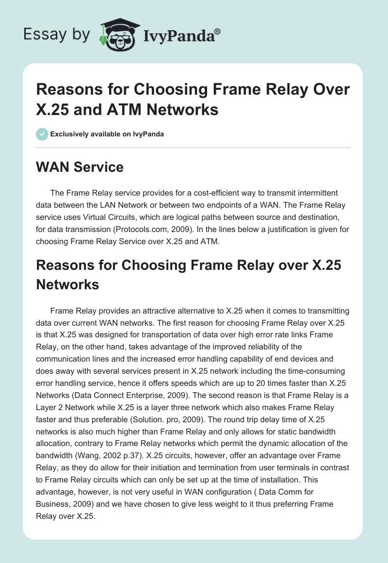 Reasons for Choosing Frame Relay Over X.25 and ATM Networks. Page 1