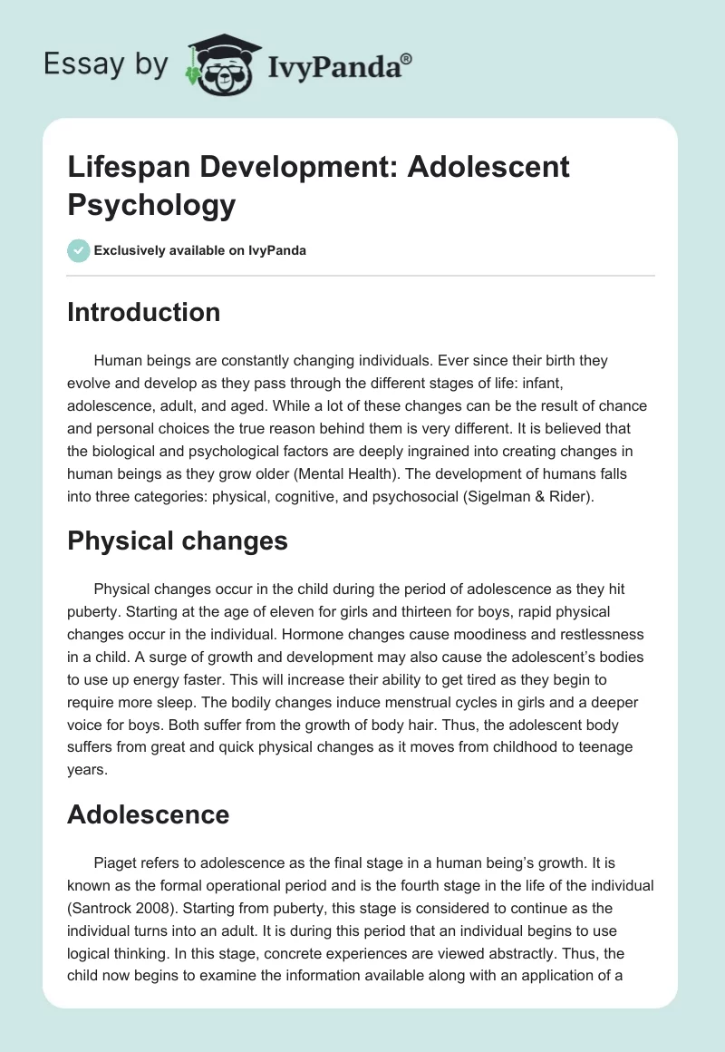 Lifespan Development: Adolescent Psychology. Page 1