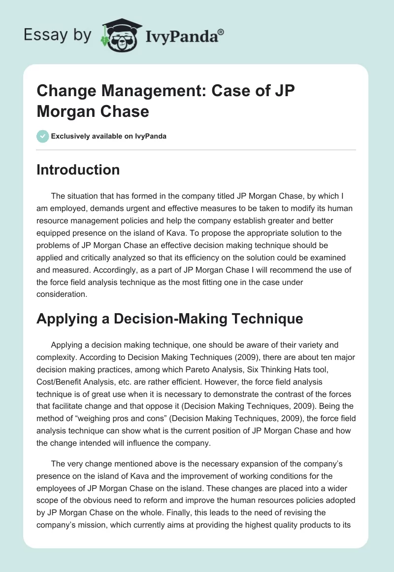 Change Management: Case of JP Morgan Chase. Page 1