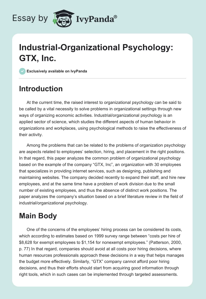 Industrial-Organizational Psychology: GTX, Inc.. Page 1