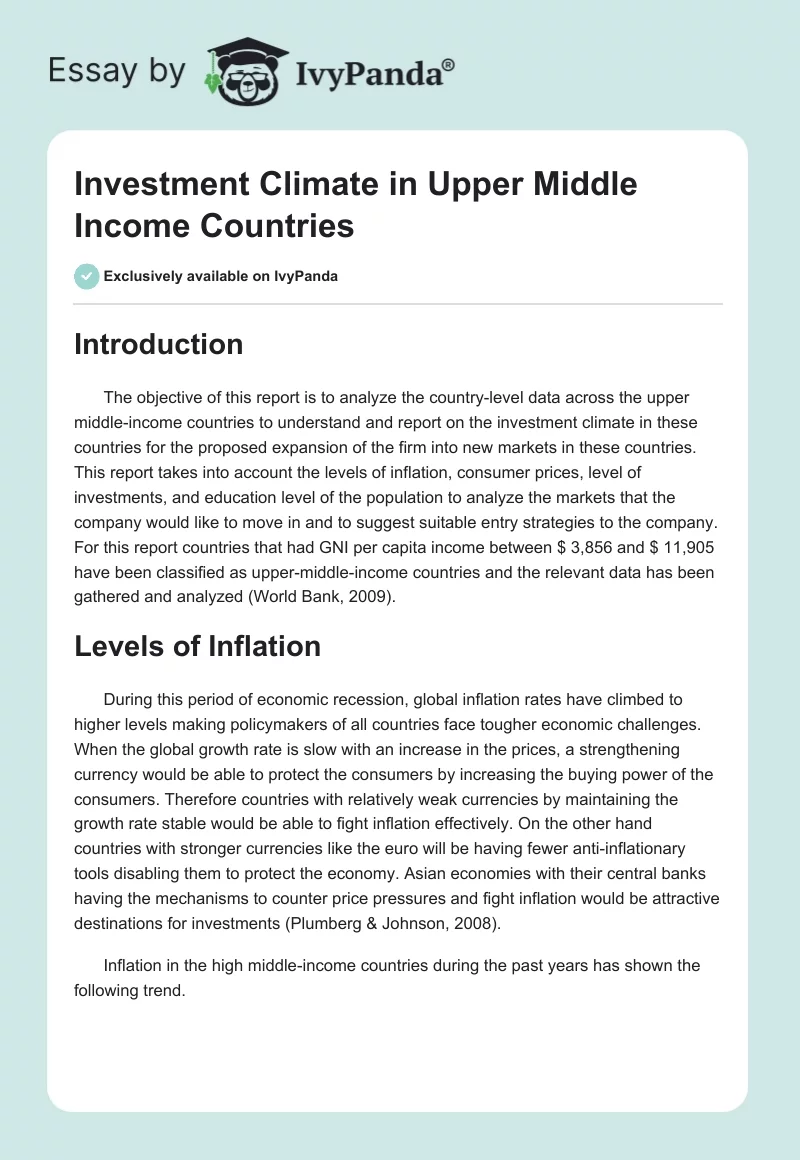 Investment Climate in Upper Middle Income Countries. Page 1
