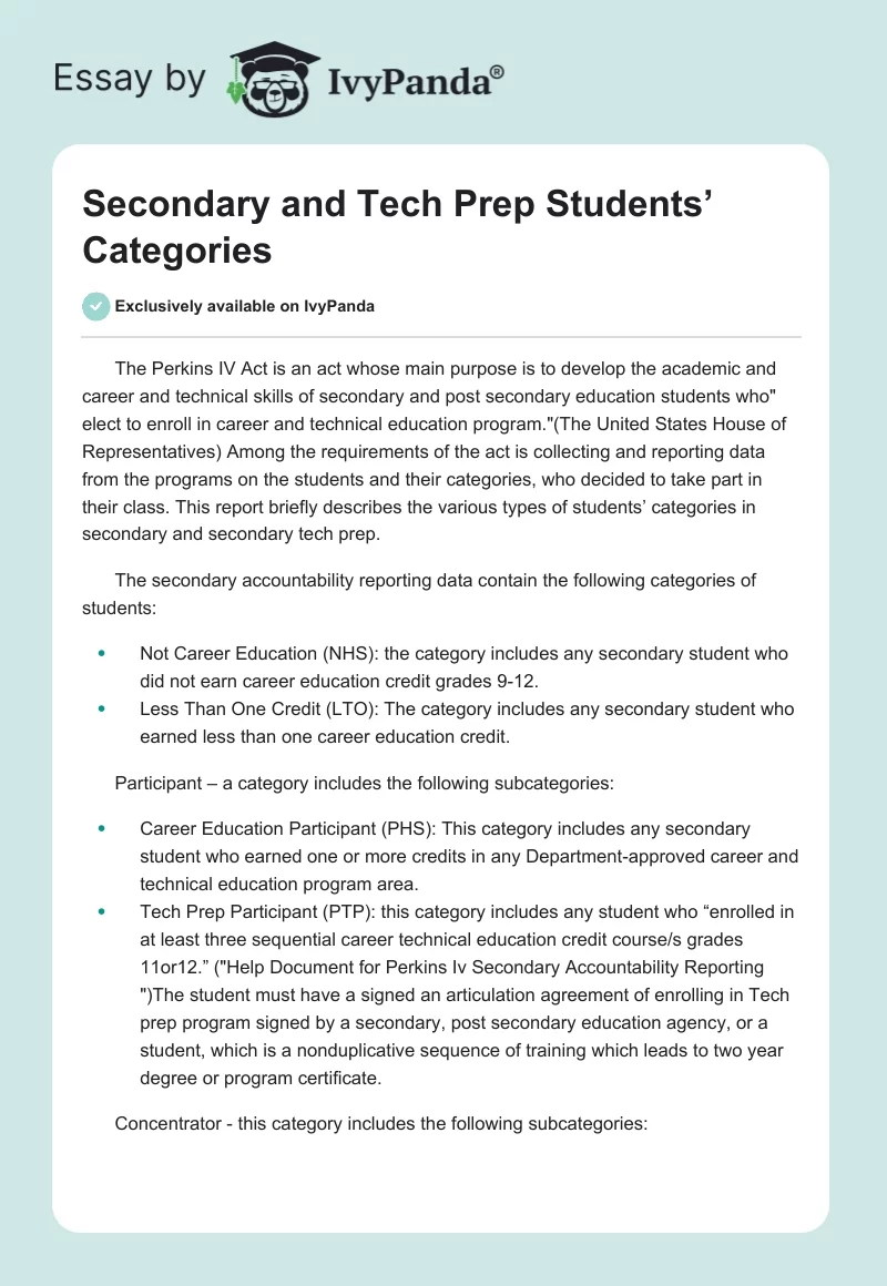 Secondary and Tech Prep Students’ Categories. Page 1