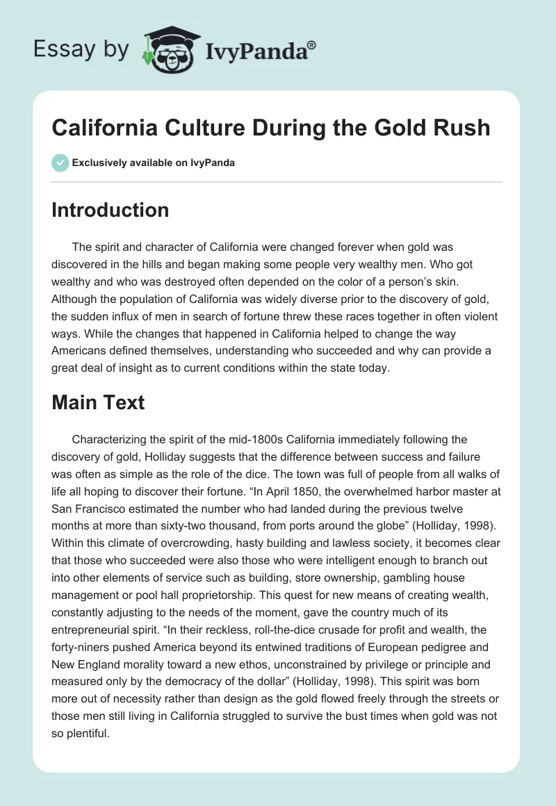 California Culture During the Gold Rush. Page 1