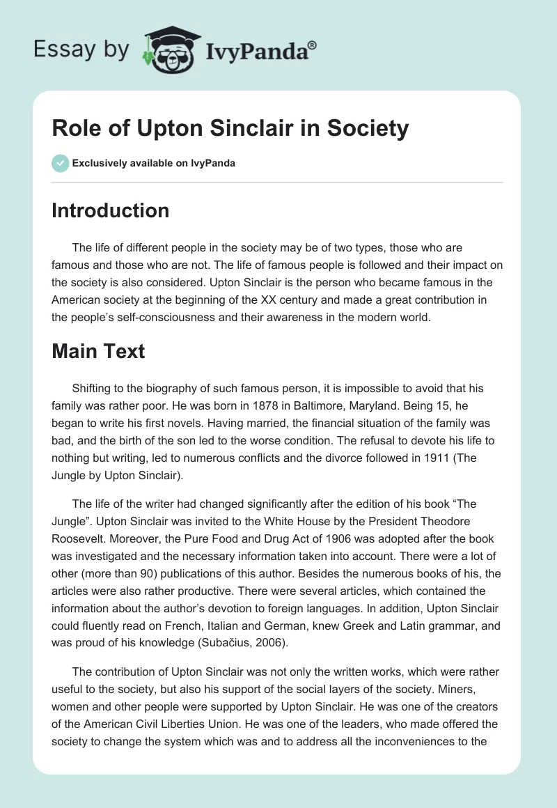 Role of Upton Sinclair in Society. Page 1