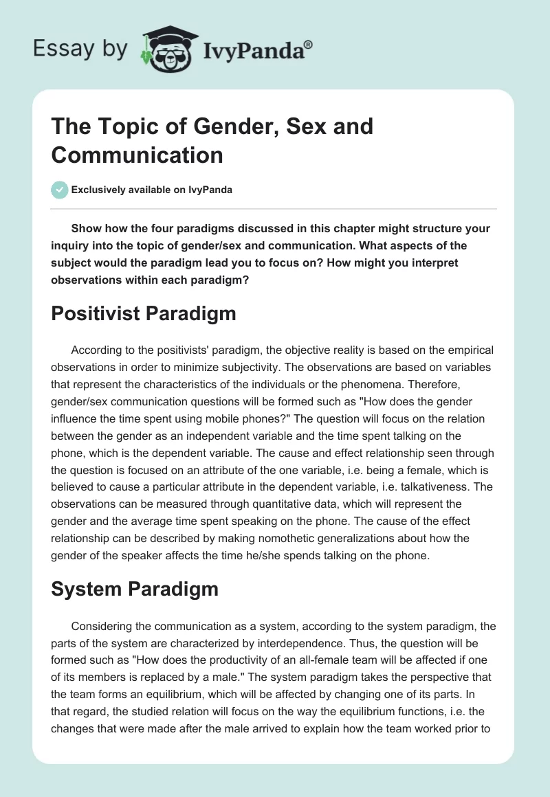 The Topic of Gender, Sex and Communication. Page 1