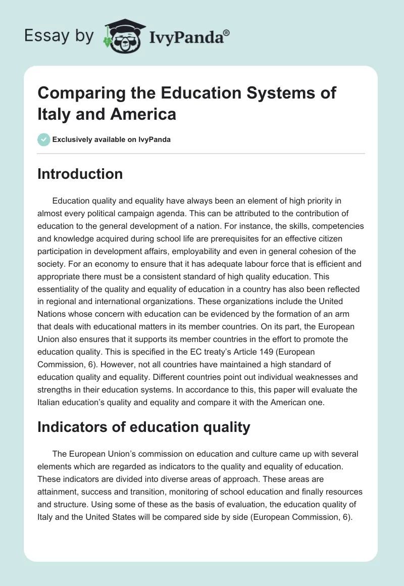 Comparing the Education Systems of Italy and America. Page 1