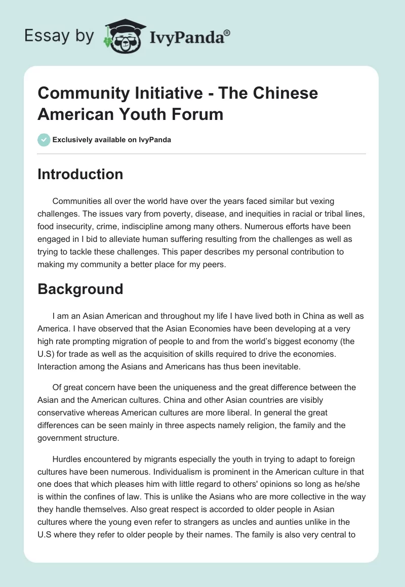 Community Initiative - The Chinese American Youth Forum. Page 1