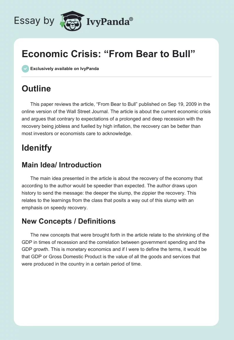 Economic Crisis: “From Bear to Bull”. Page 1