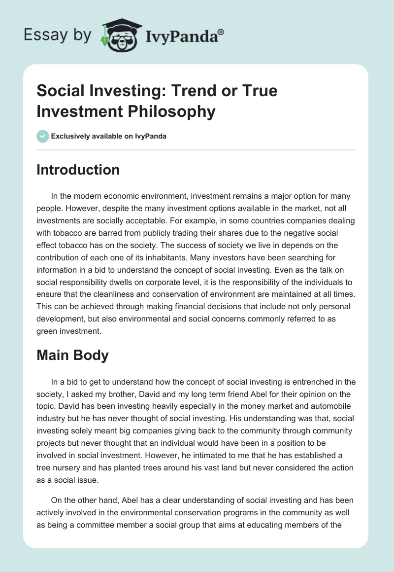 Social Investing: Trend or True Investment Philosophy. Page 1