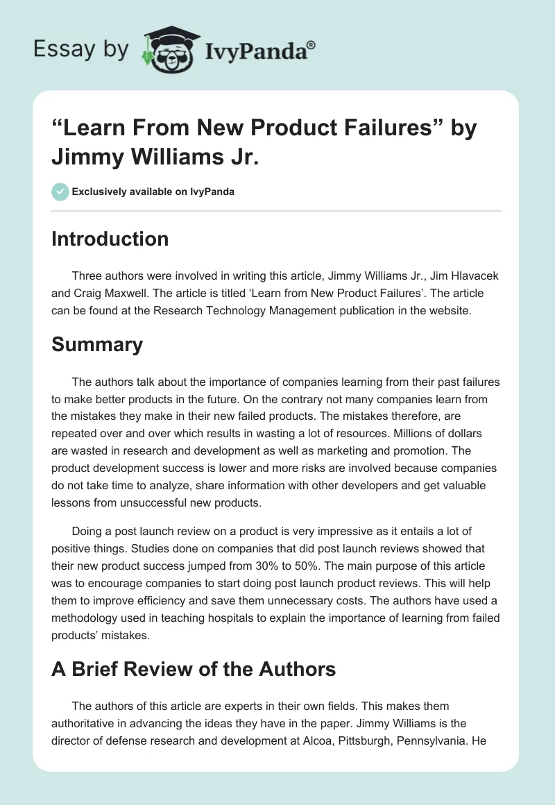 “Learn From New Product Failures” by Jimmy Williams Jr.. Page 1