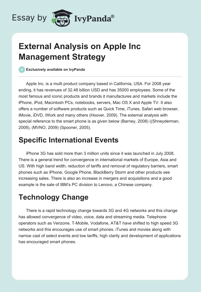 External Analysis on Apple Inc. Management Strategy. Page 1