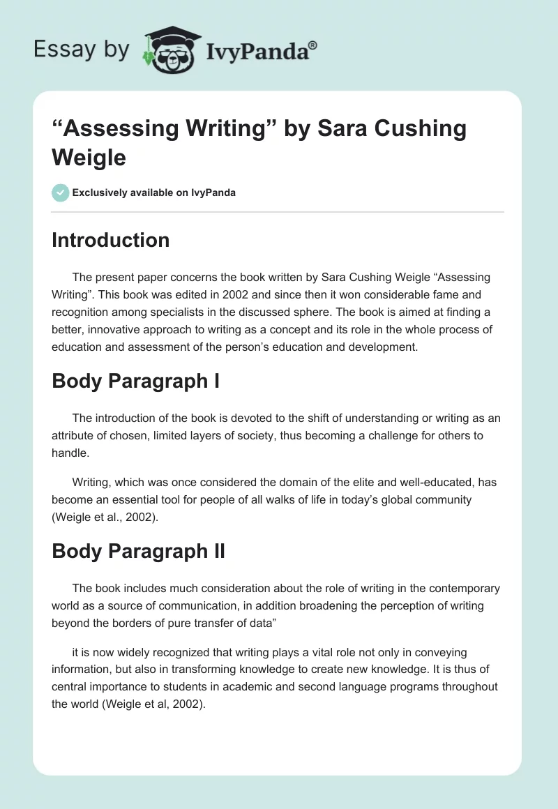 “Assessing Writing” by Sara Cushing Weigle. Page 1