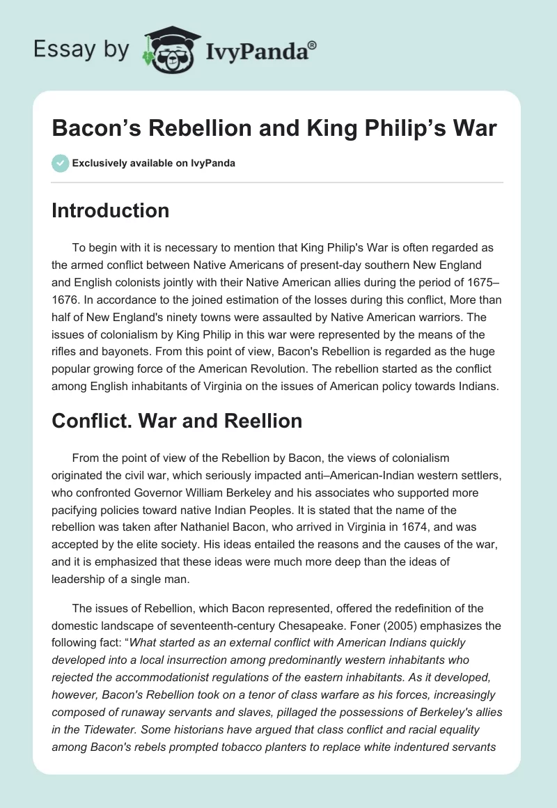 Bacon’s Rebellion and King Philip’s War. Page 1