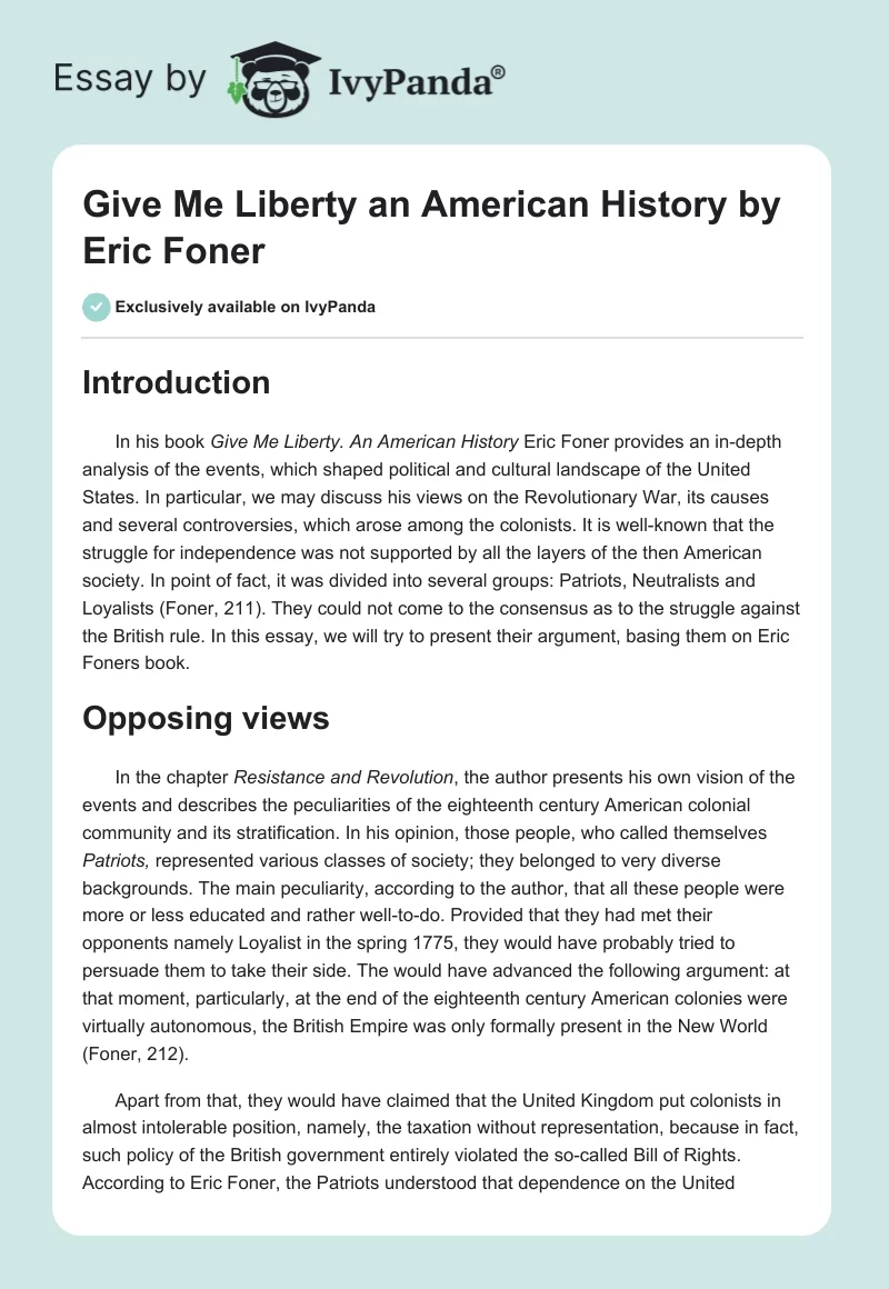 "Give Me Liberty an American History" by Eric Foner. Page 1
