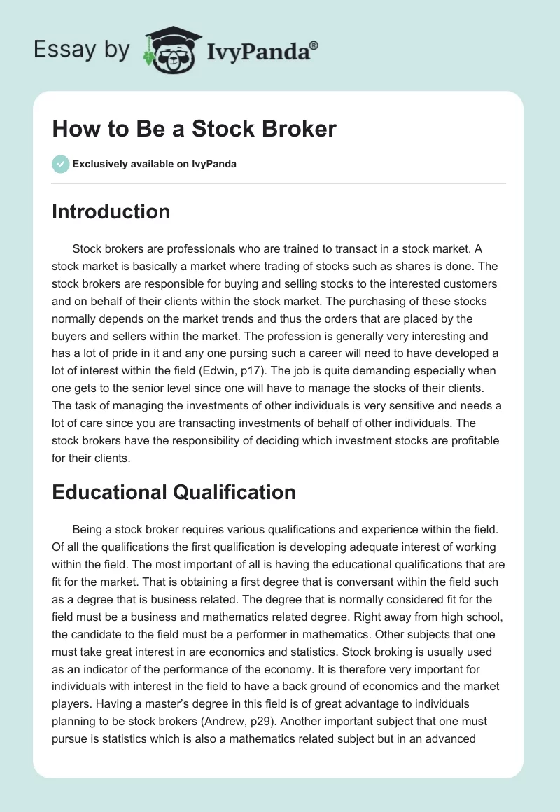 How to Be a Stock Broker. Page 1