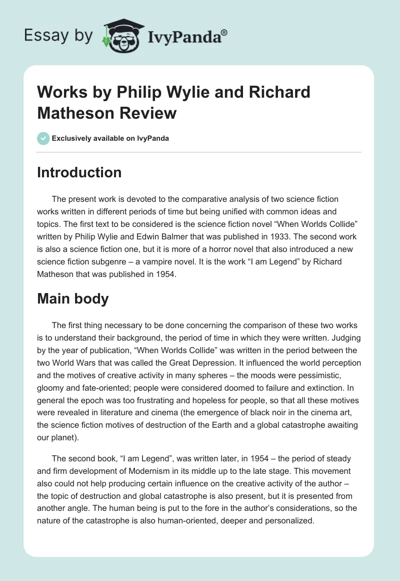 Works by Philip Wylie and Richard Matheson Review. Page 1