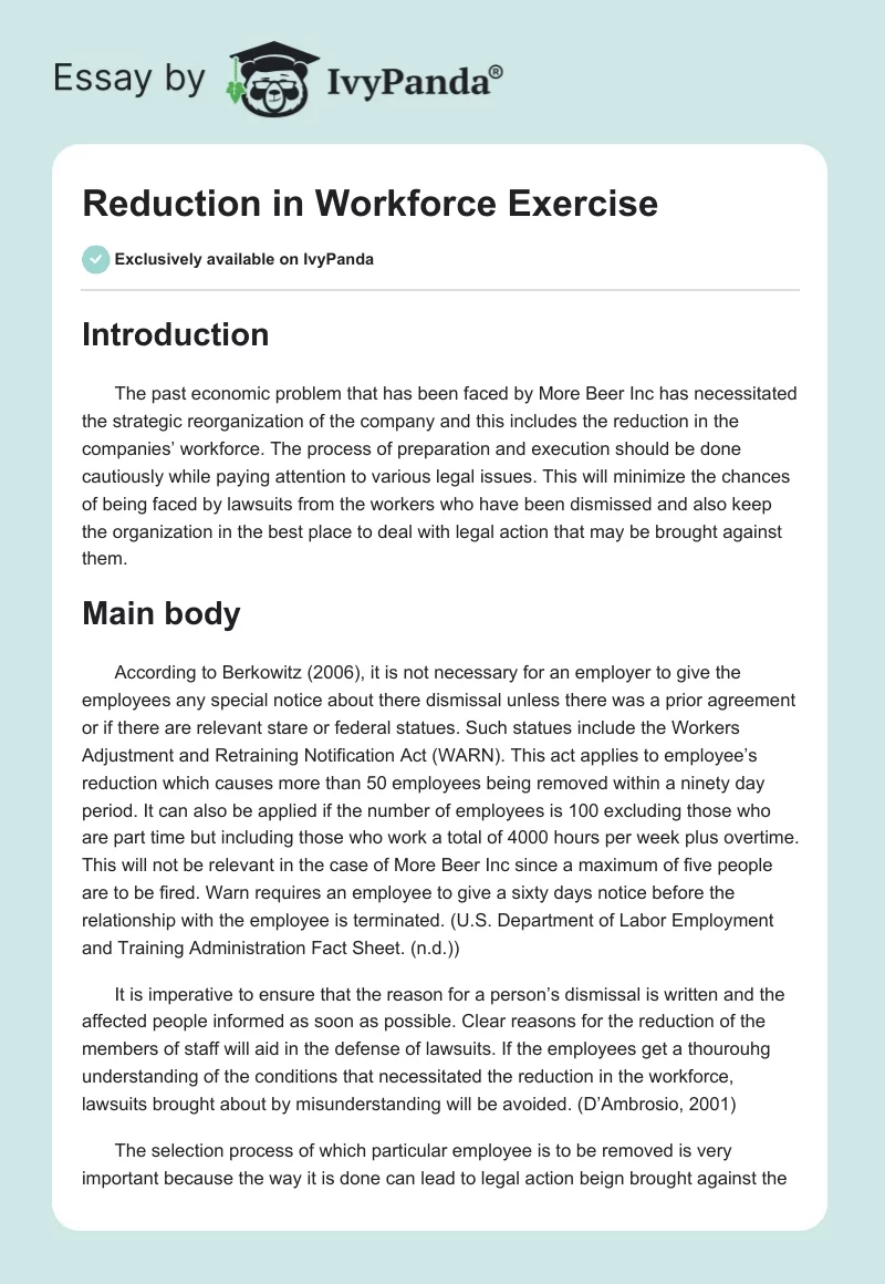 Reduction in Workforce Exercise. Page 1