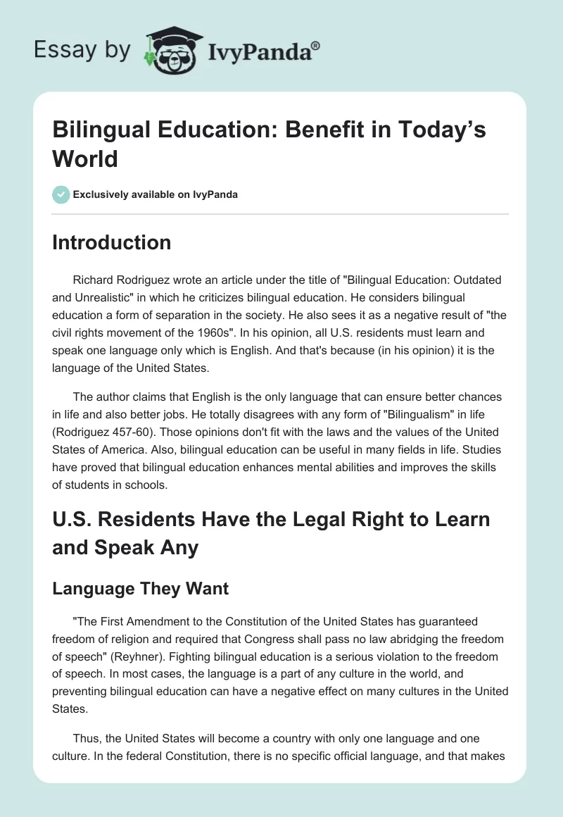 Bilingual Education: Benefit in Today’s World. Page 1