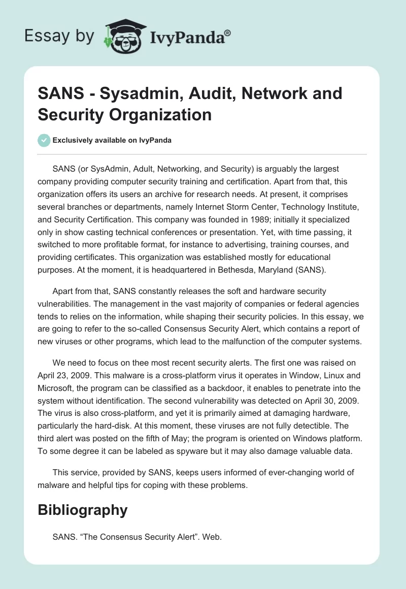 SANS - Sysadmin, Audit, Network and Security Organization. Page 1