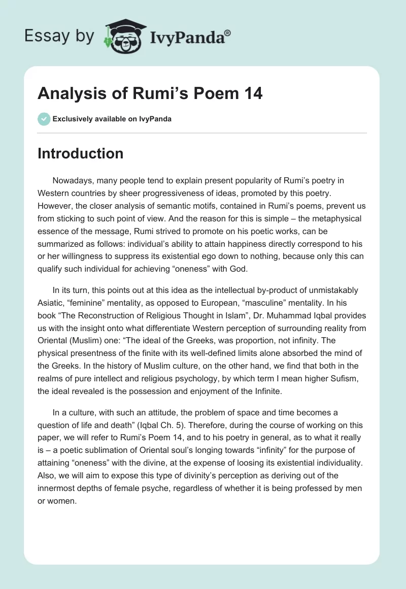 Analysis of Rumi’s "Poem 14". Page 1