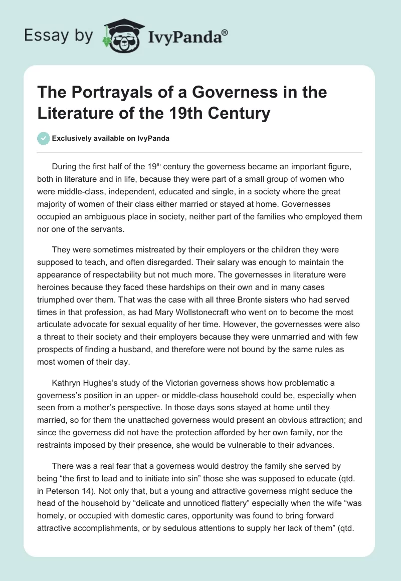 The Portrayals Of A Governess In The Literature Of The 19th Century 1666 Words Essay Example