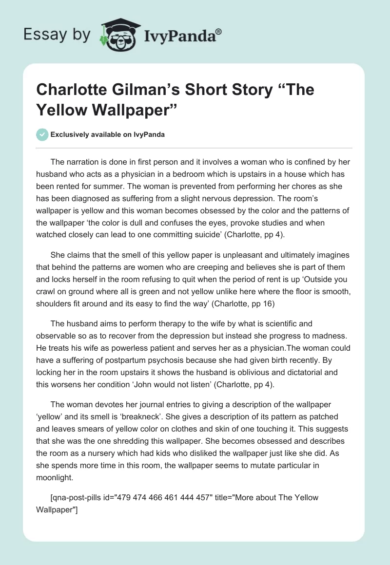 Charlotte Gilman’s Short Story “The Yellow Wallpaper”. Page 1