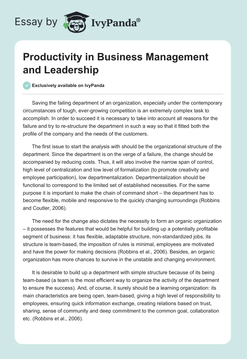 Productivity in Business Management and Leadership. Page 1