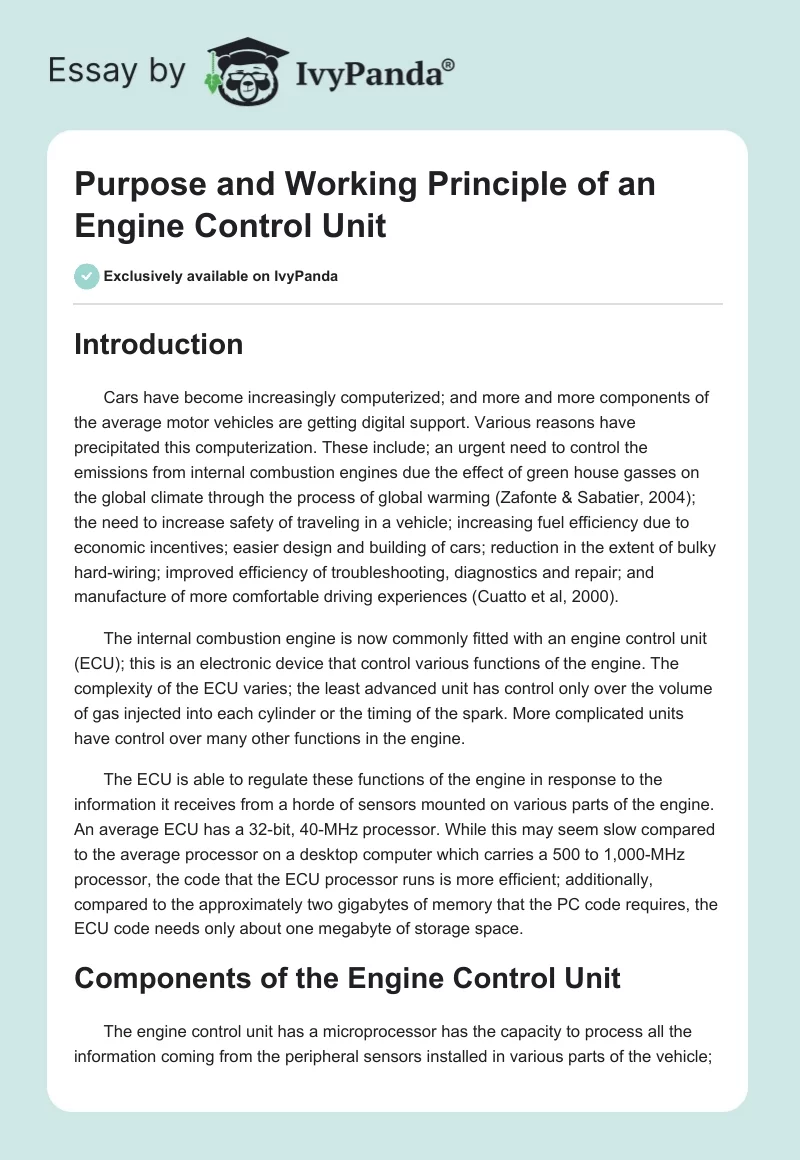 Purpose and Working Principle of an Engine Control Unit. Page 1