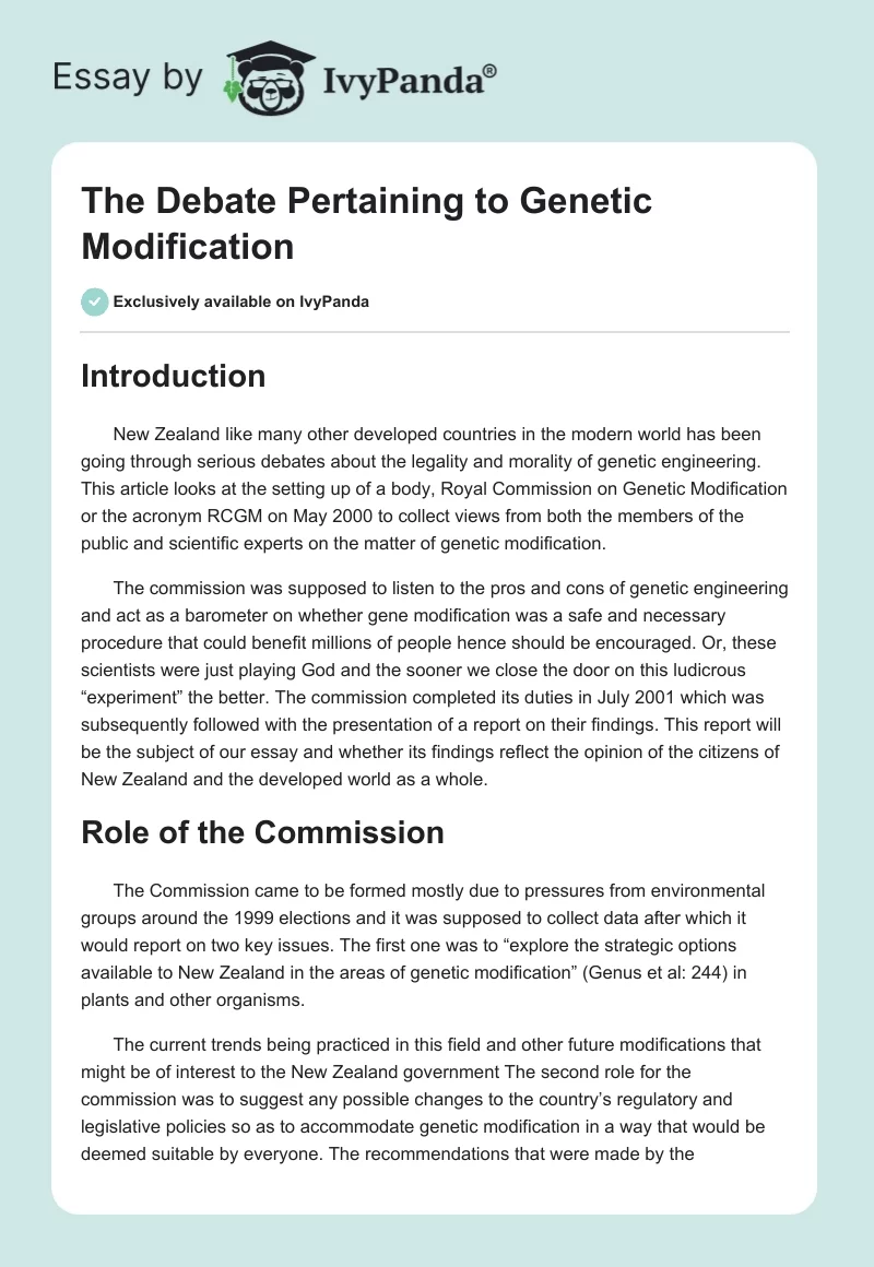 The Debate Pertaining to Genetic Modification. Page 1
