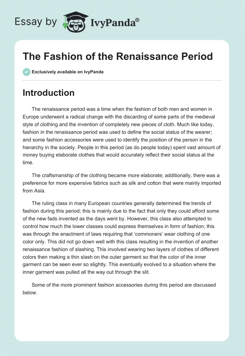 The Fashion of the Renaissance Period. Page 1