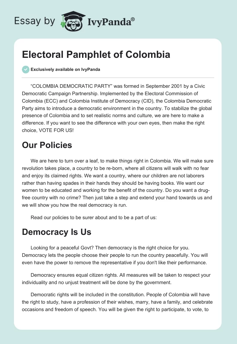 Electoral Pamphlet of Colombia. Page 1