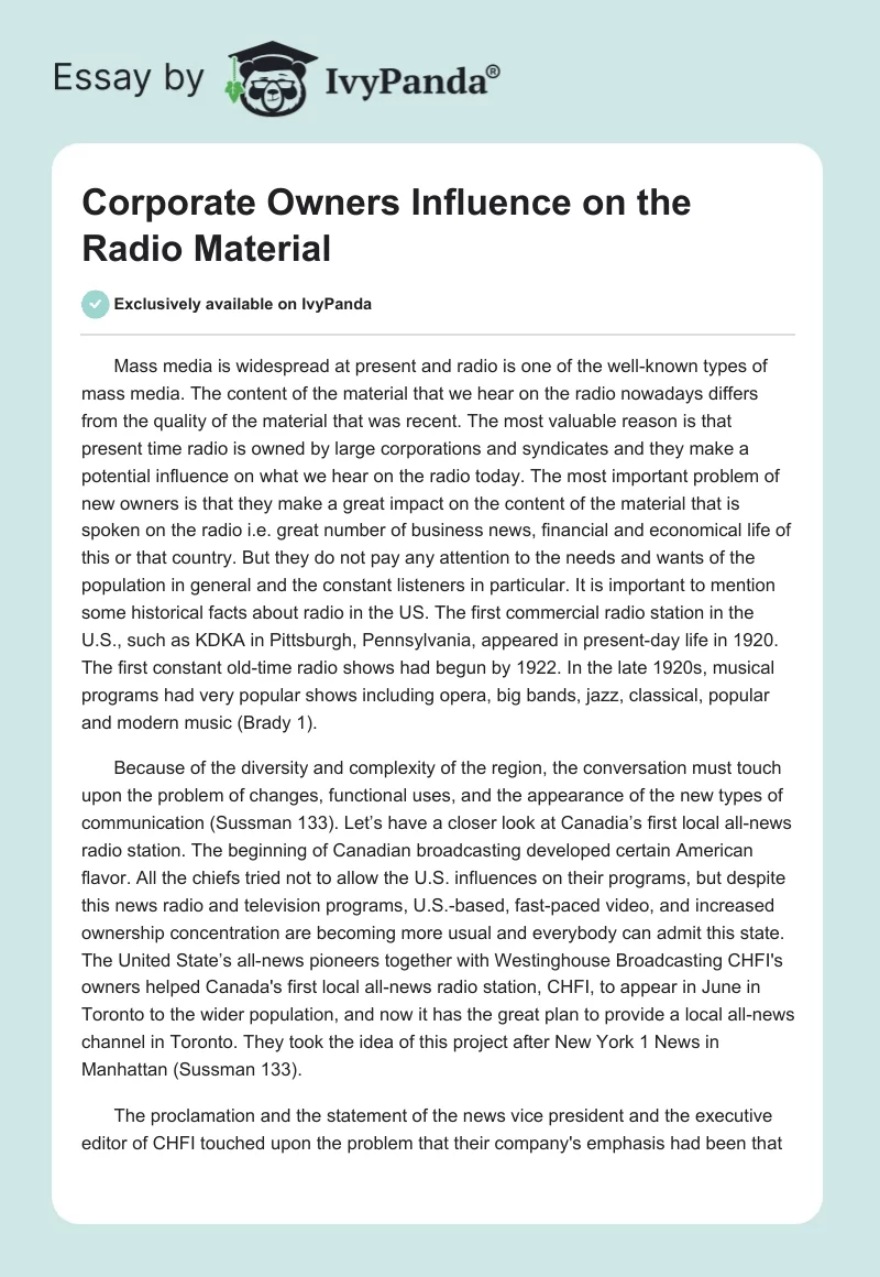 Corporate Owners Influence on the Radio Material. Page 1