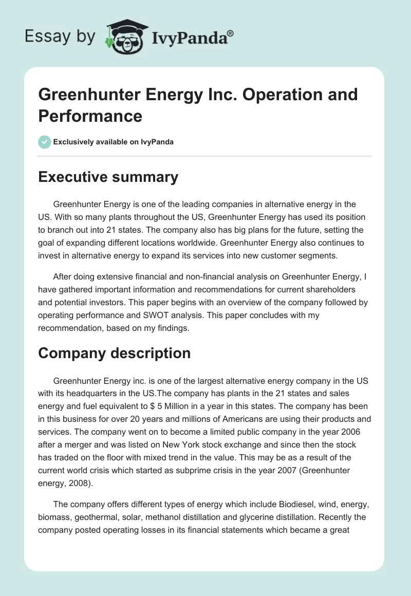 Greenhunter Energy Inc. Operation and Performance. Page 1