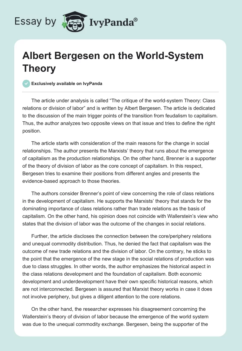 Albert Bergesen on the World-System Theory. Page 1