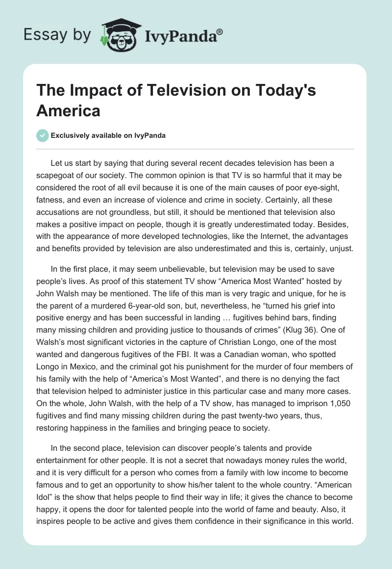 The Impact of Television on Today's America. Page 1