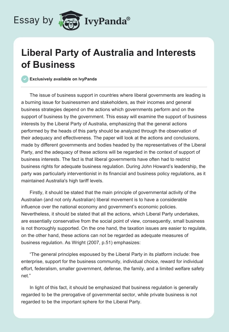 Liberal Party of Australia and Interests of Business. Page 1