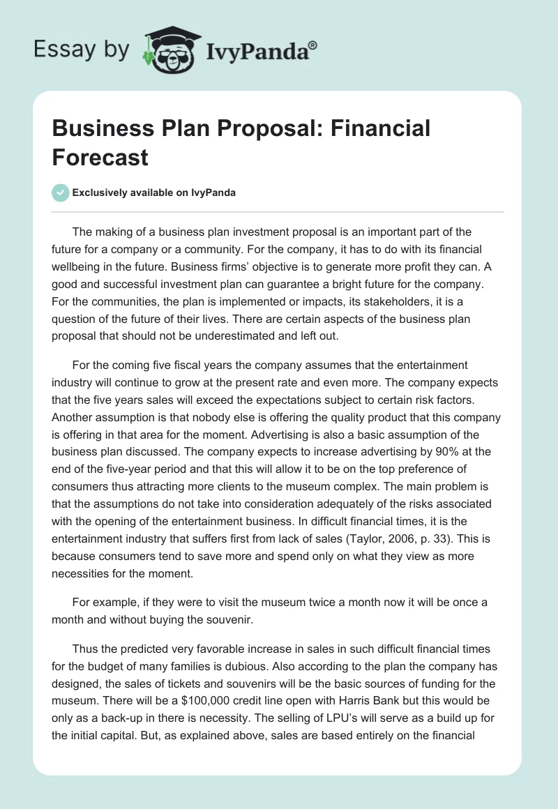 Business Plan Proposal: Financial Forecast. Page 1